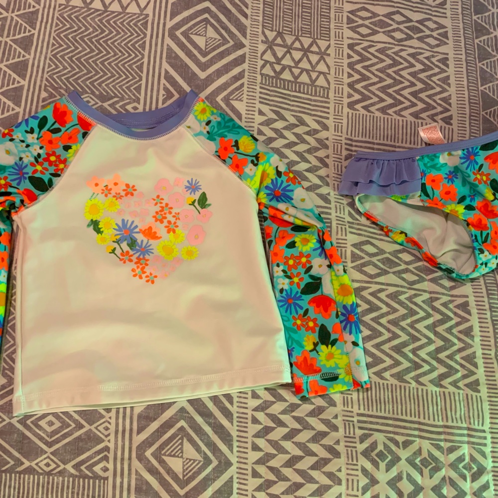 Little girl’s swim set. Rash guard top, bikini bottom. Never worn, 3T